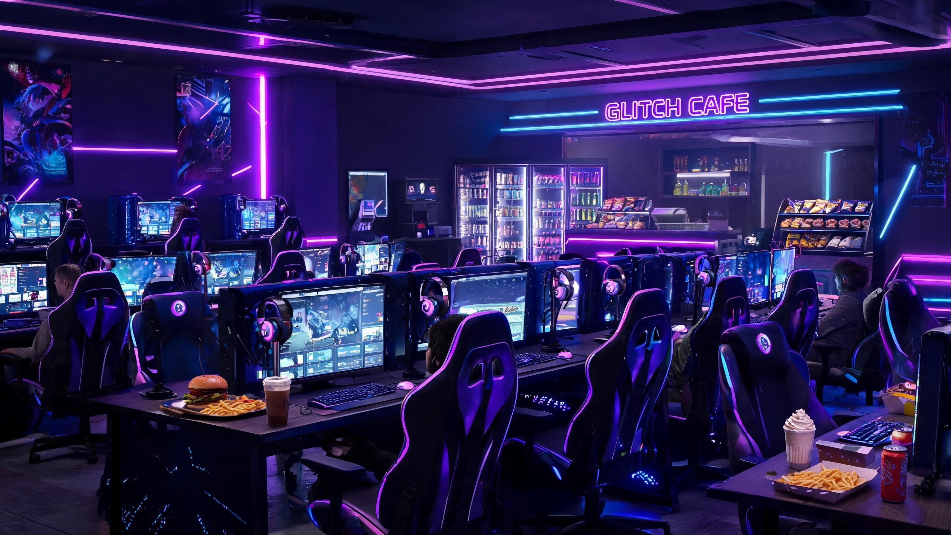 Gaming stations with neon lighting and food on table